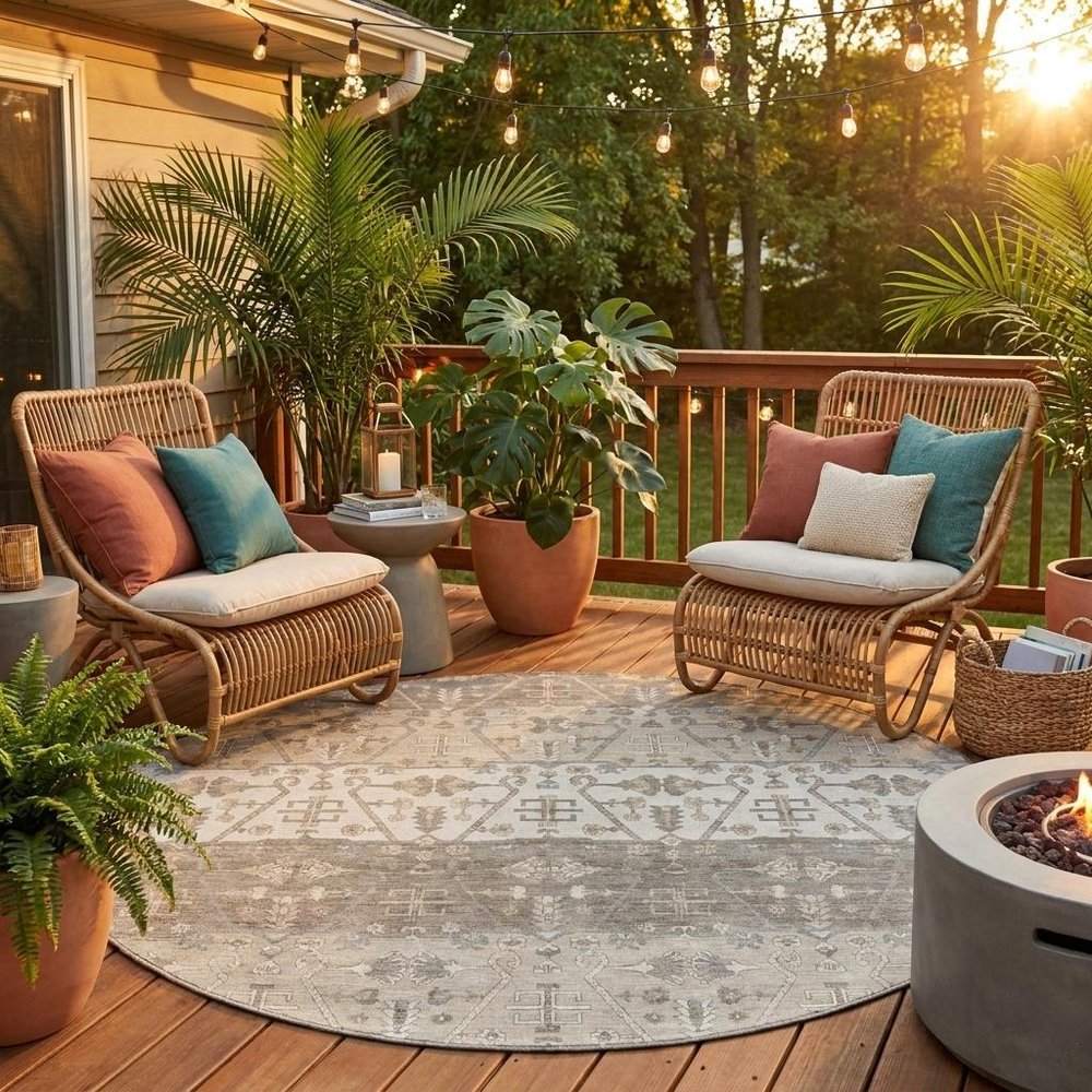 8' Beige And Brown Round Oriental Washable Indoor Outdoor Area Rug — view 5