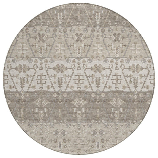 8' Beige And Brown Round Oriental Washable Indoor Outdoor Area Rug