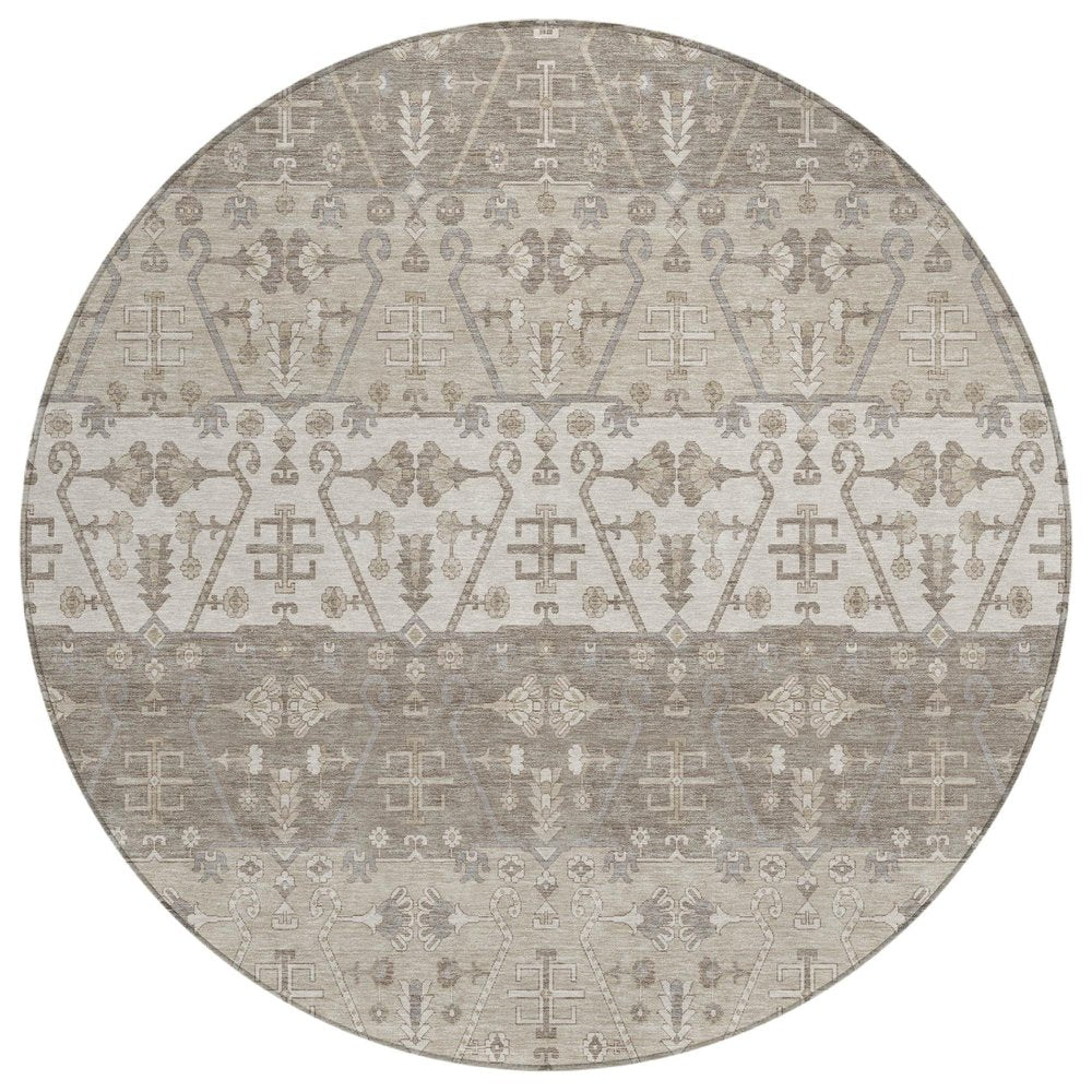 8' Beige And Brown Round Oriental Washable Indoor Outdoor Area Rug — view 1