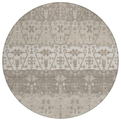 8' Beige And Brown Round Oriental Washable Indoor Outdoor Area Rug HomeRoots
