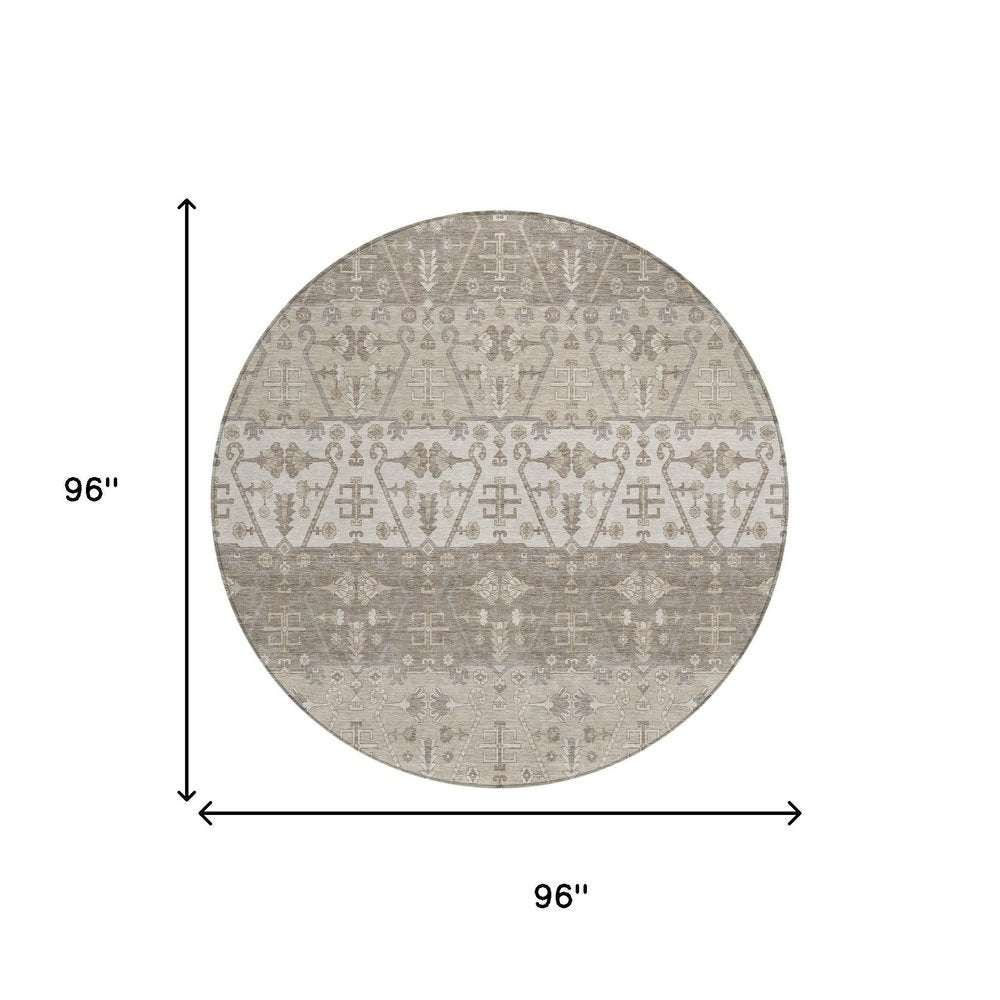 8' Beige And Brown Round Oriental Washable Indoor Outdoor Area Rug — view 4