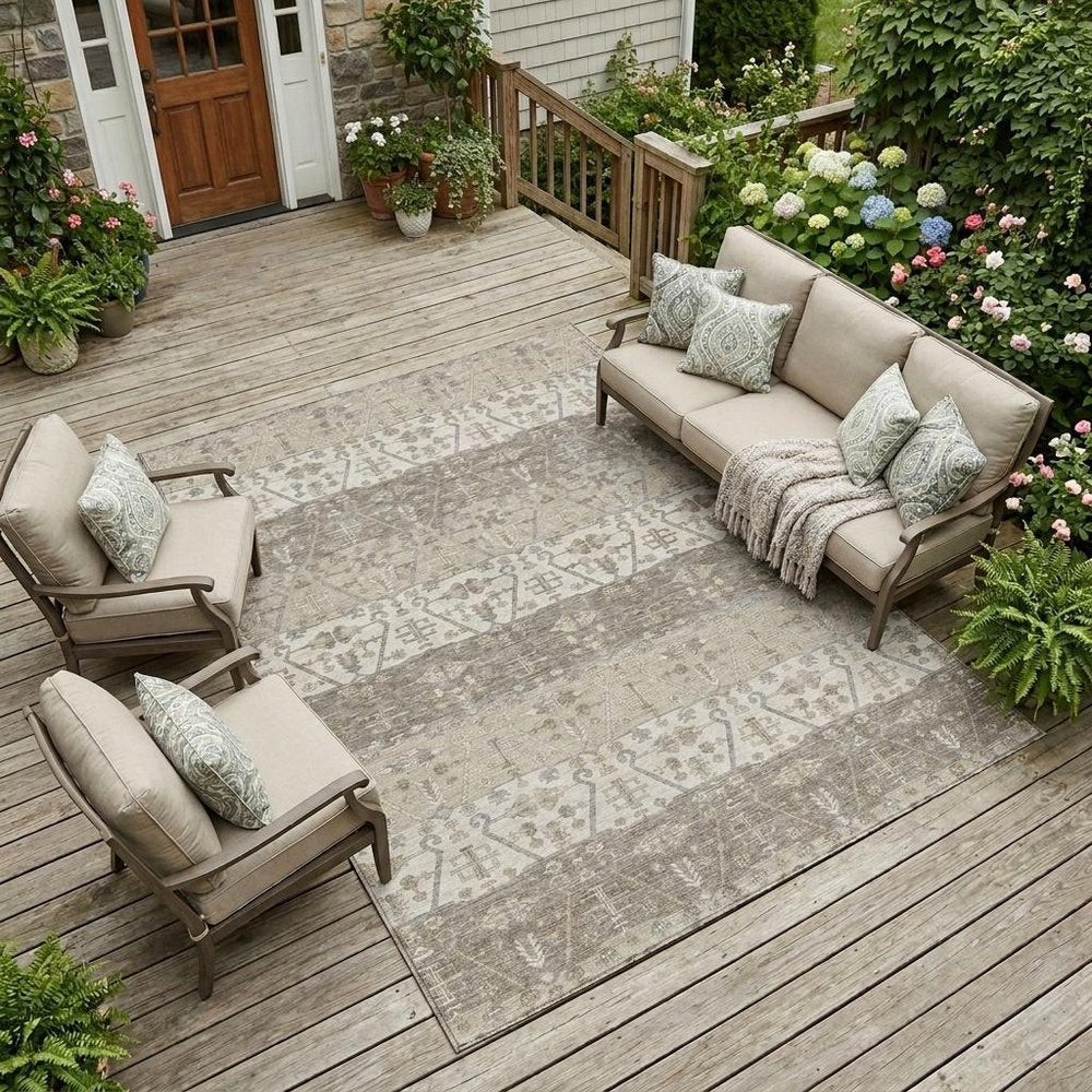 10' X 14' Beige And Brown Oriental Washable Indoor Outdoor Area Rug — view 5