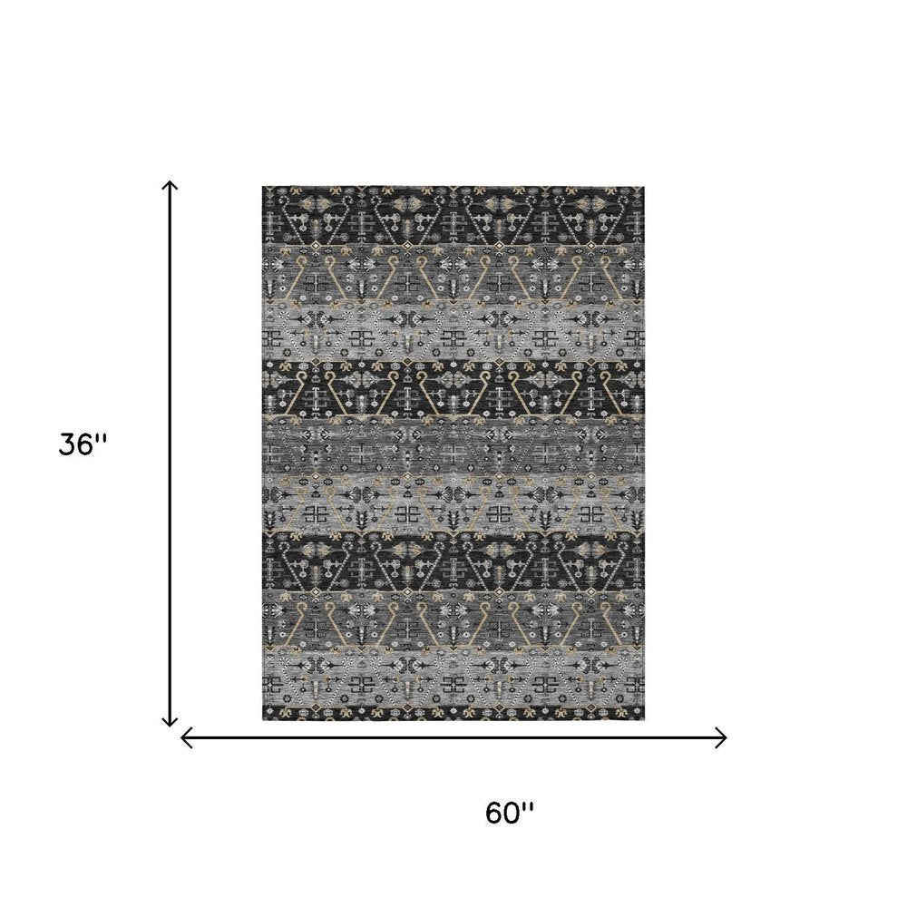 3' X 5' Black And Graphite Oriental Washable Indoor Outdoor Area Rug