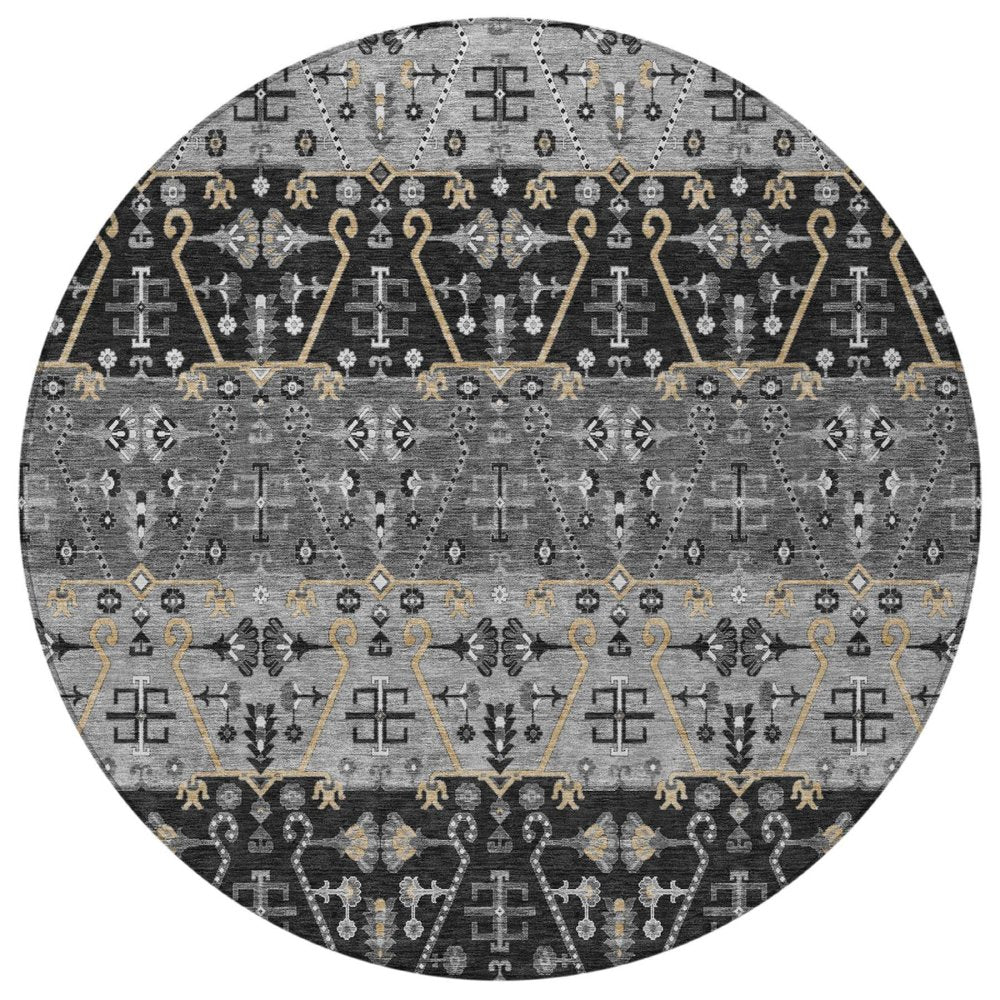 8' Black And Graphite Round Oriental Washable Indoor Outdoor Area Rug — view 7