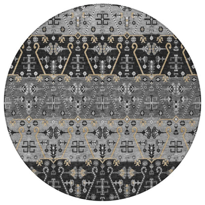 8' Black And Graphite Round Oriental Washable Indoor Outdoor Area Rug