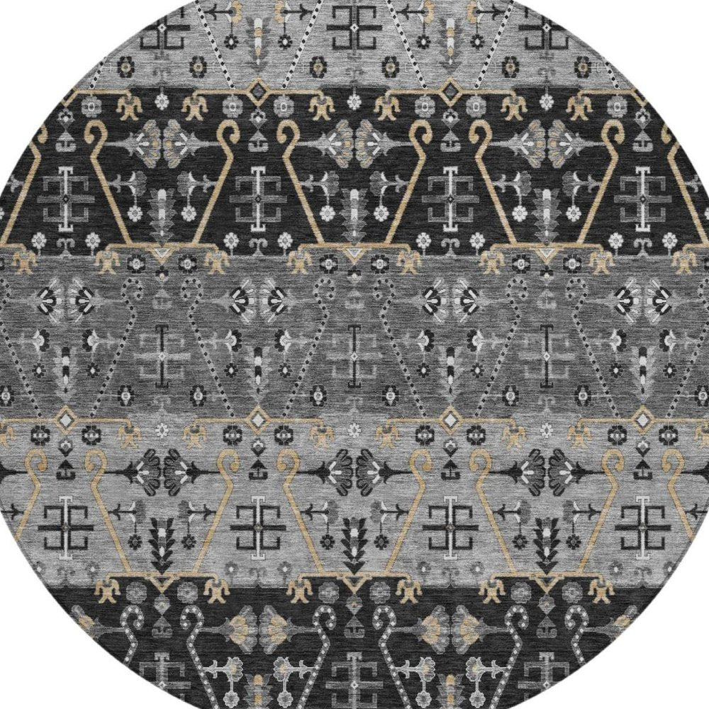 8' Black And Graphite Round Oriental Washable Indoor Outdoor Area Rug