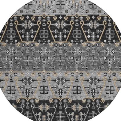 8' Black And Graphite Round Oriental Washable Indoor Outdoor Area Rug