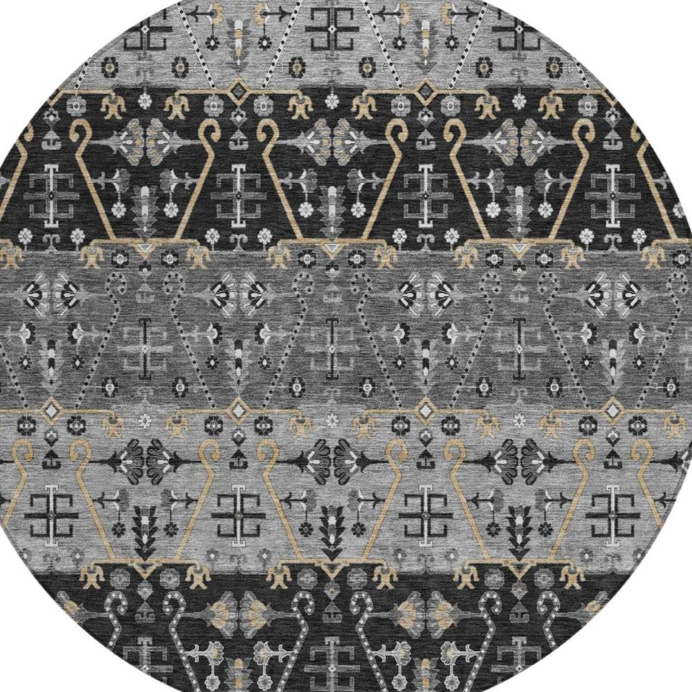 8' Black And Graphite Round Oriental Washable Indoor Outdoor Area Rug