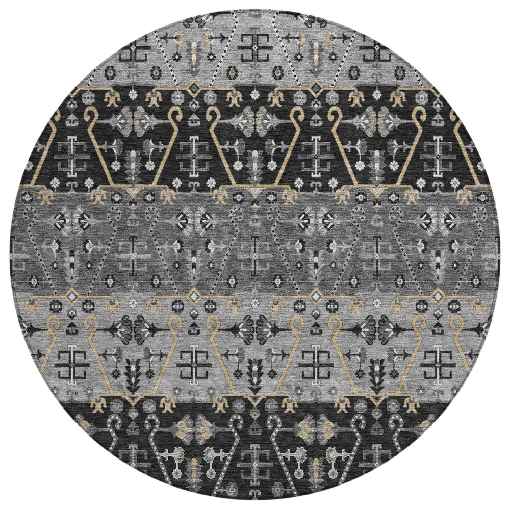 8' Black And Graphite Round Oriental Washable Indoor Outdoor Area Rug — view 1