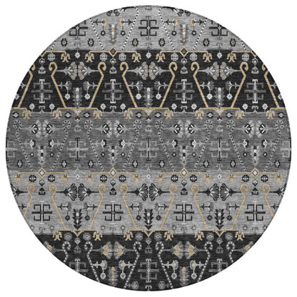8' Black And Graphite Round Oriental Washable Indoor Outdoor Area Rug