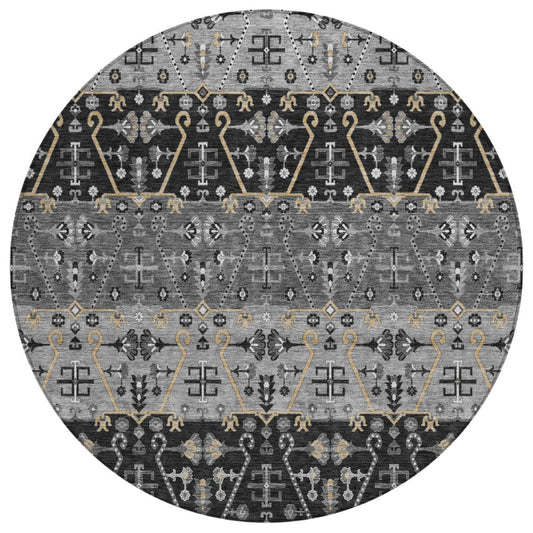 8' Black And Graphite Round Oriental Washable Indoor Outdoor Area Rug