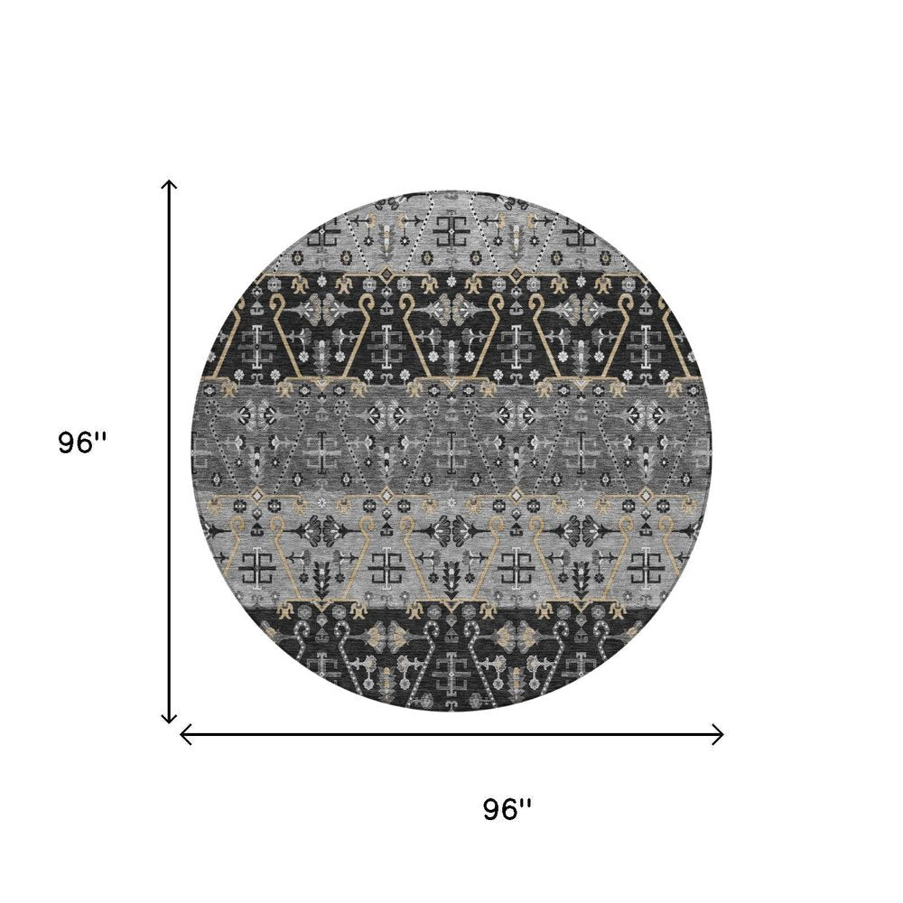 8' Black And Graphite Round Oriental Washable Indoor Outdoor Area Rug — view 4