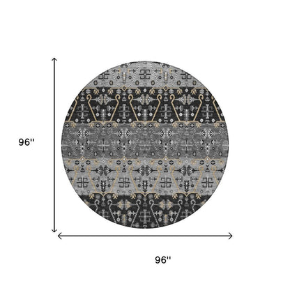 8' Black And Graphite Round Oriental Washable Indoor Outdoor Area Rug