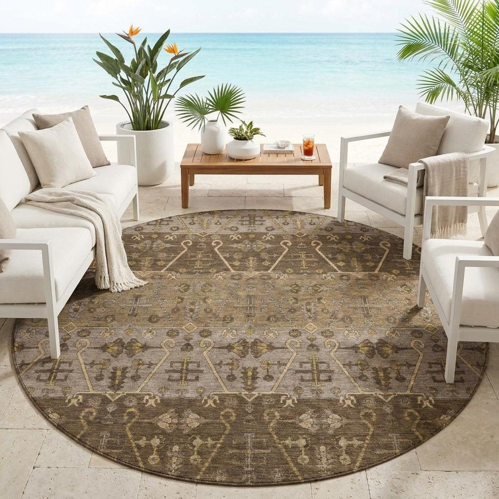 8' Chocolate And Brown Round Oriental Washable Indoor Outdoor Area Rug — view 5