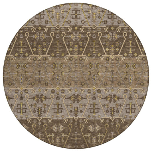 8' Chocolate And Brown Round Oriental Washable Indoor Outdoor Area Rug