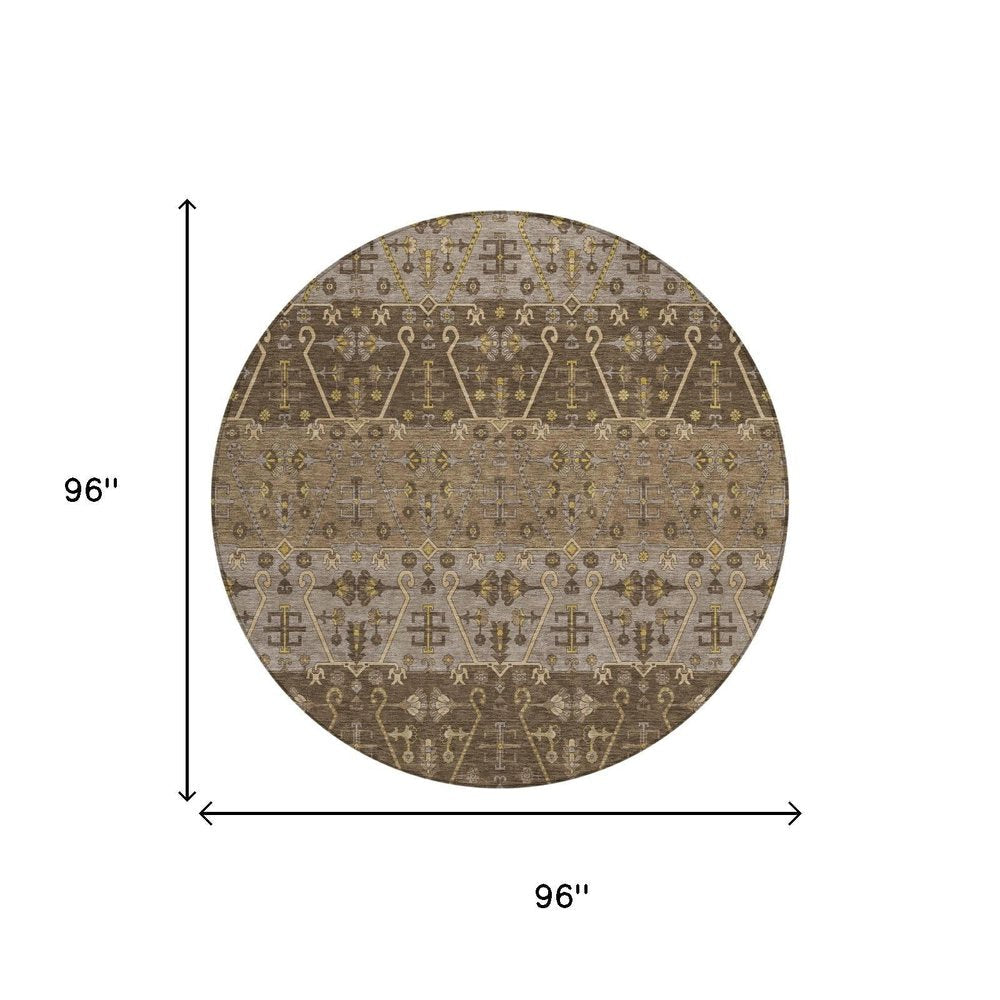 8' Chocolate And Brown Round Oriental Washable Indoor Outdoor Area Rug — view 4
