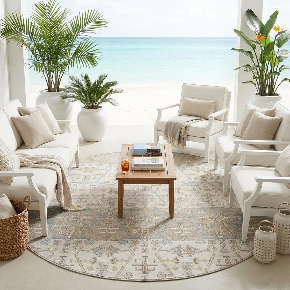 8' Ivory And Silver Round Oriental Washable Indoor Outdoor Area Rug HomeRoots