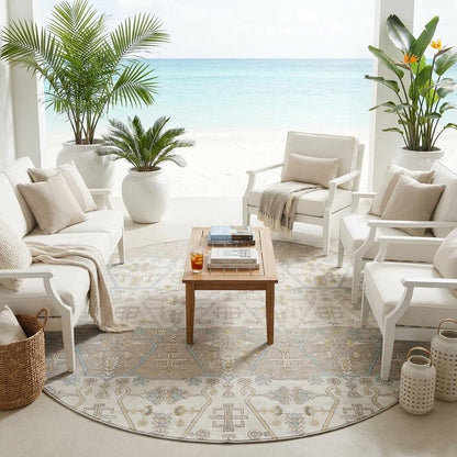 8' Ivory And Silver Round Oriental Washable Indoor Outdoor Area Rug HomeRoots