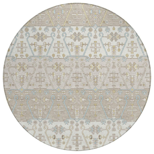 8' Ivory And Silver Round Oriental Washable Indoor Outdoor Area Rug