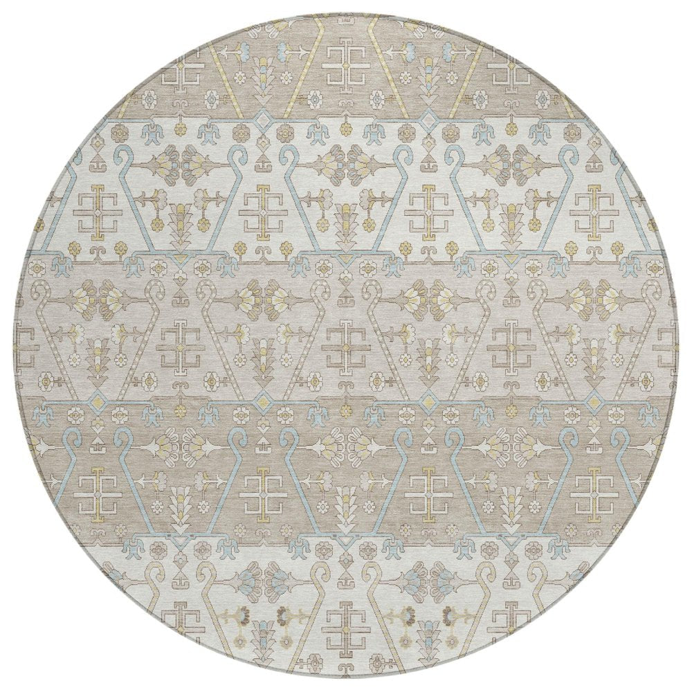 8' Ivory And Silver Round Oriental Washable Indoor Outdoor Area Rug — view 1
