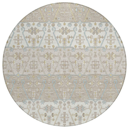 8' Ivory And Silver Round Oriental Washable Indoor Outdoor Area Rug HomeRoots
