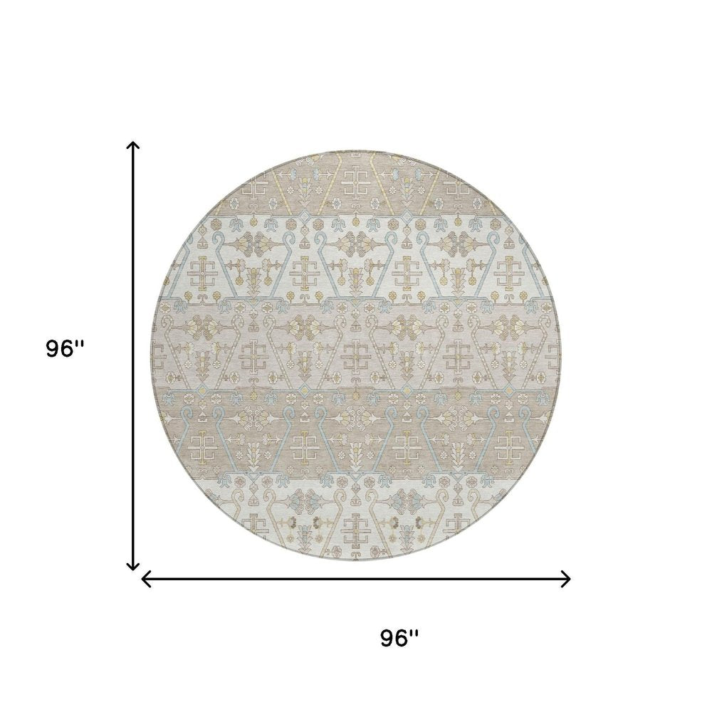 8' Ivory And Silver Round Oriental Washable Indoor Outdoor Area Rug — view 4
