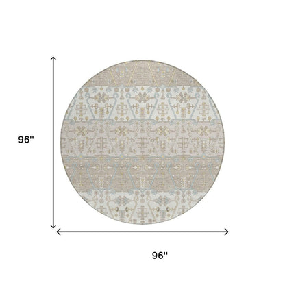 8' Ivory And Silver Round Oriental Washable Indoor Outdoor Area Rug HomeRoots