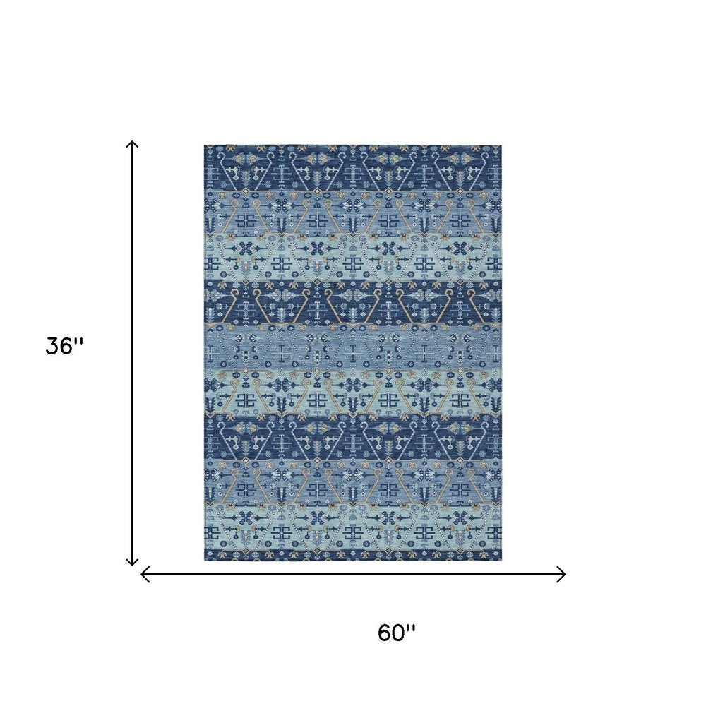 3' X 5' Navy Blue And Blue Oriental Washable Indoor Outdoor Area Rug