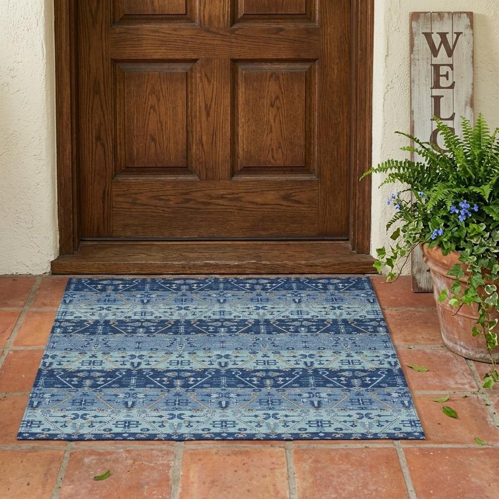 3' X 5' Navy Blue And Blue Oriental Washable Indoor Outdoor Area Rug — view 5