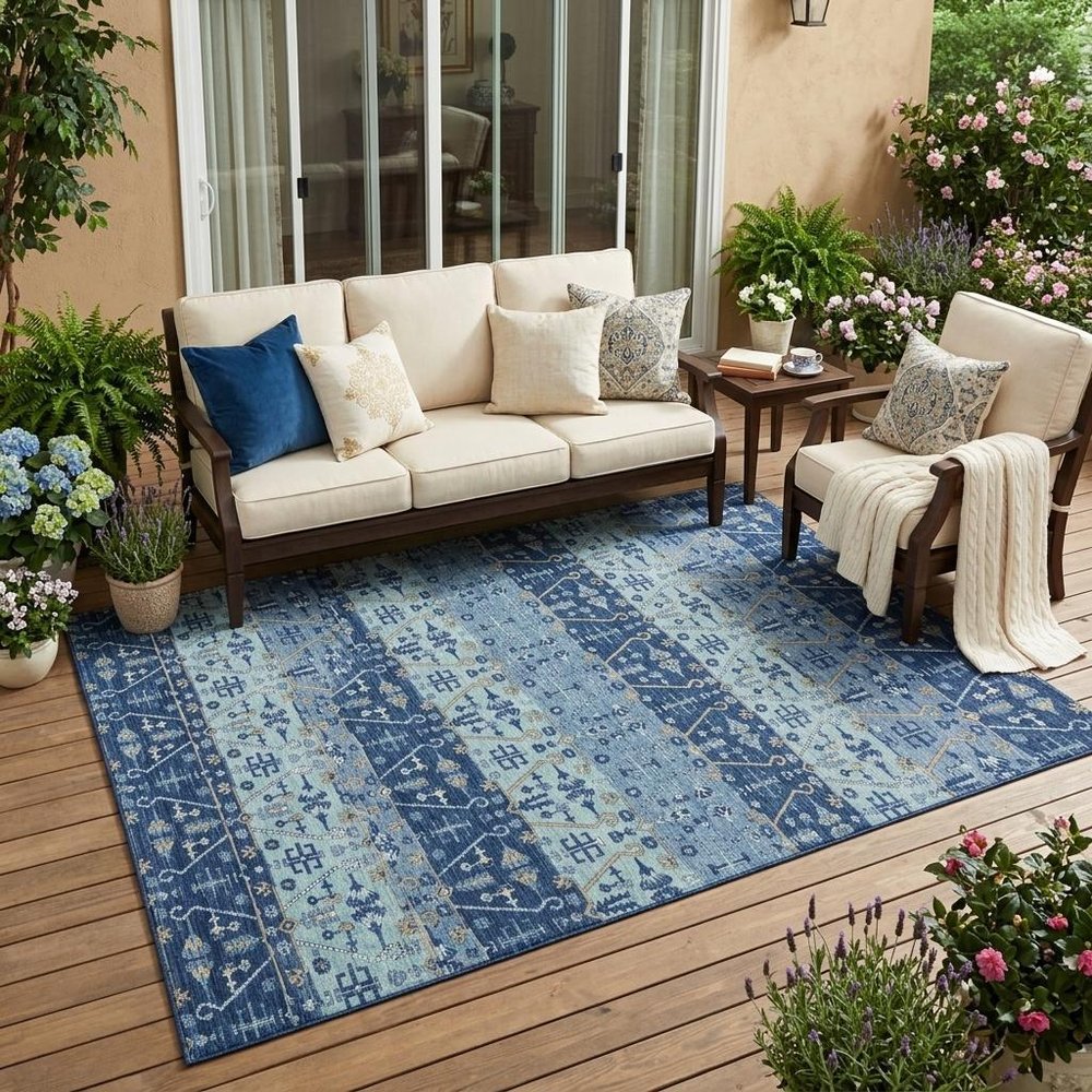 5' X 8' Navy Blue And Blue Oriental Washable Indoor Outdoor Area Rug HomeRoots