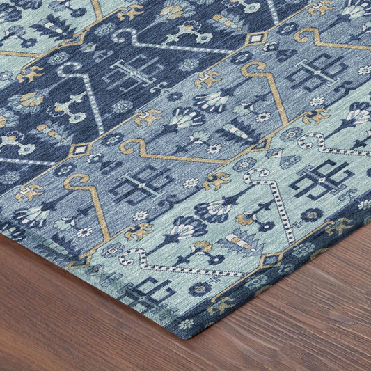 5' X 8' Navy Blue And Blue Oriental Washable Indoor Outdoor Area Rug