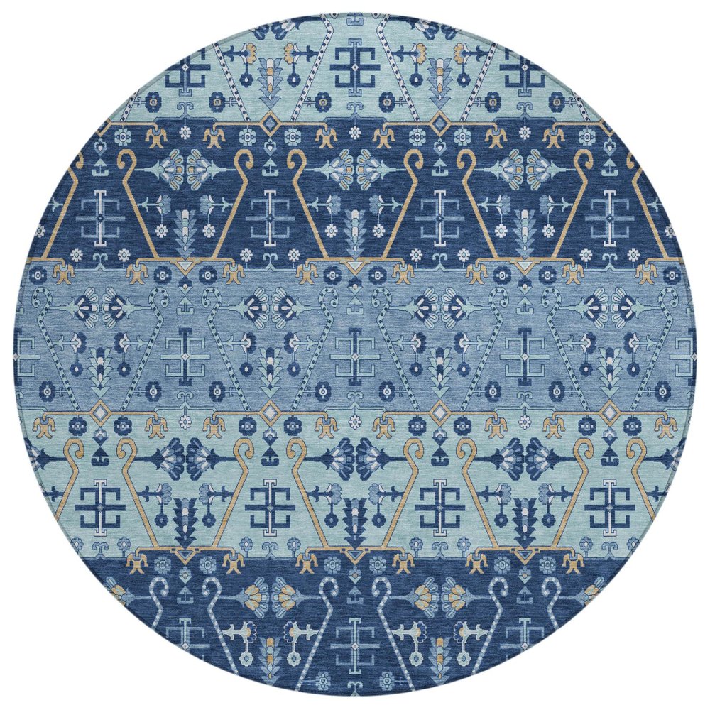 8' Navy Blue And Blue Round Oriental Washable Indoor Outdoor Area Rug — view 1