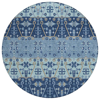 8' Navy Blue And Blue Round Oriental Washable Indoor Outdoor Area Rug HomeRoots