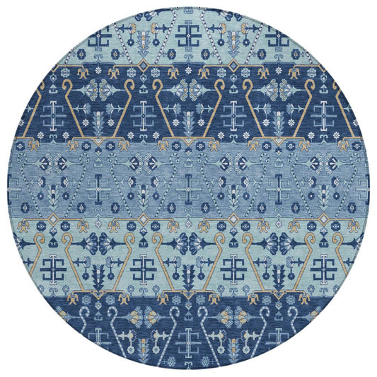 8' Navy Blue And Blue Round Oriental Washable Indoor Outdoor Area Rug