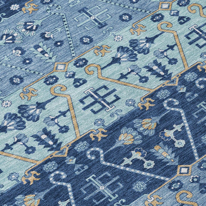 8' Navy Blue And Blue Round Oriental Washable Indoor Outdoor Area Rug HomeRoots