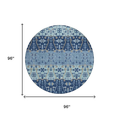 8' Navy Blue And Blue Round Oriental Washable Indoor Outdoor Area Rug HomeRoots