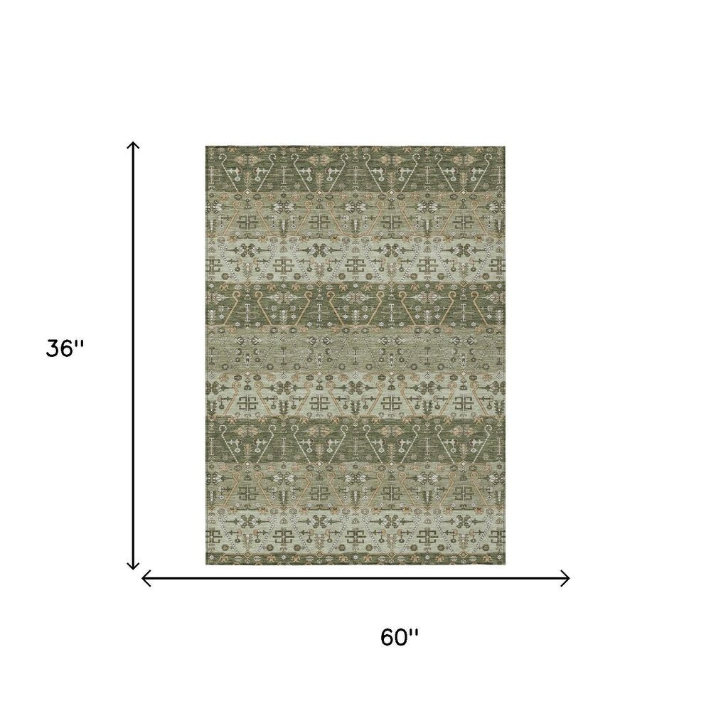 3' X 5' Olive Green And Green Oriental Washable Indoor Outdoor Area Rug — view 5