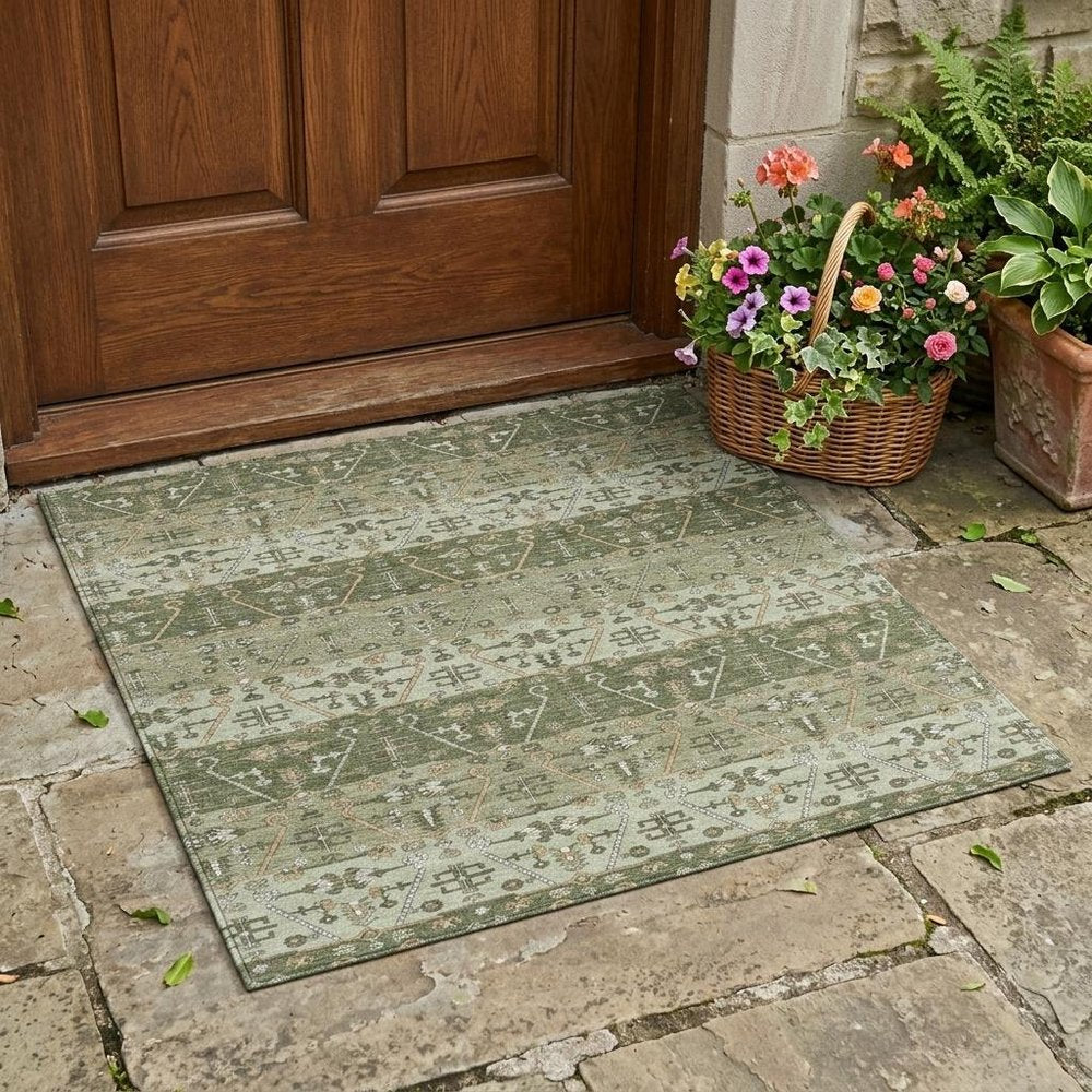 3' X 5' Olive Green And Green Oriental Washable Indoor Outdoor Area Rug — view 6