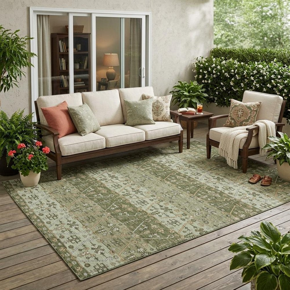 5' X 8' Olive Green And Green Oriental Washable Indoor Outdoor Area Rug — view 5