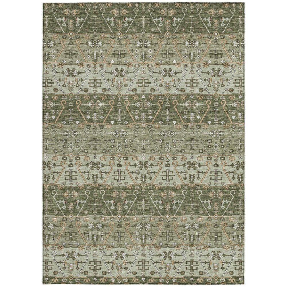 5' X 8' Olive Green And Green Oriental Washable Indoor Outdoor Area Rug