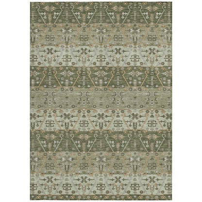 5' X 8' Olive Green And Green Oriental Washable Indoor Outdoor Area Rug