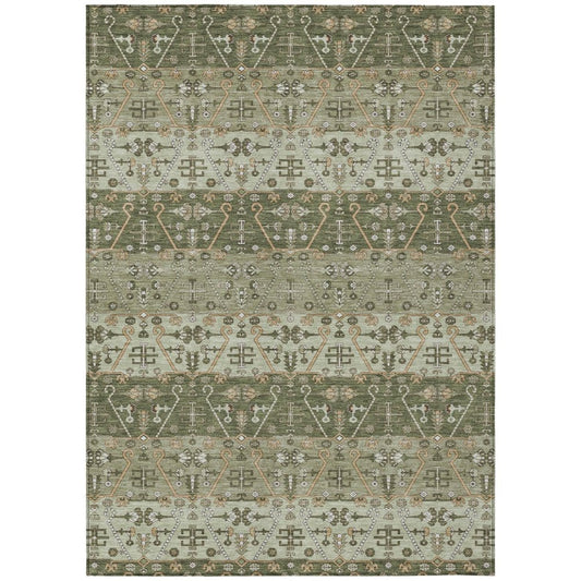 5' X 8' Olive Green And Green Oriental Washable Indoor Outdoor Area Rug