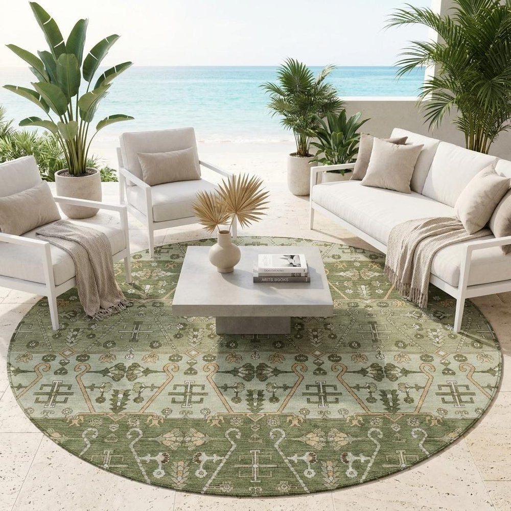 8' Olive Green And Green Round Oriental Washable Indoor Outdoor Area Rug