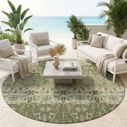 8' Olive Green And Green Round Oriental Washable Indoor Outdoor Area Rug