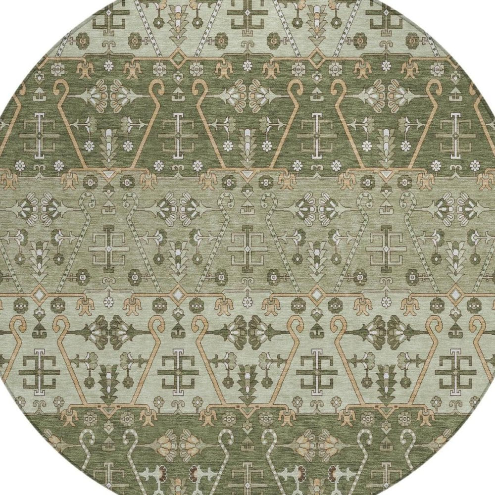 8' Olive Green And Green Round Oriental Washable Indoor Outdoor Area Rug — view 7
