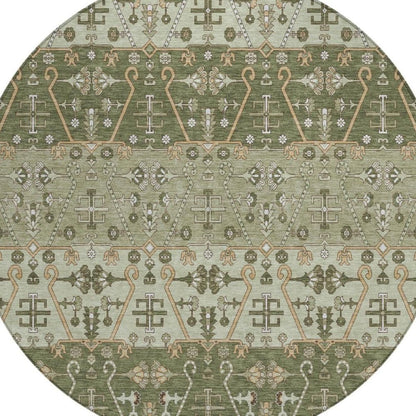 8' Olive Green And Green Round Oriental Washable Indoor Outdoor Area Rug