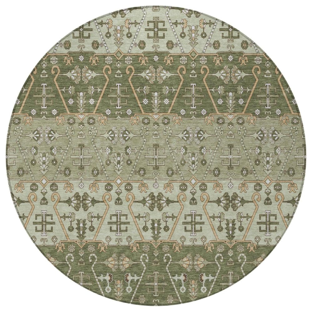8' Olive Green And Green Round Oriental Washable Indoor Outdoor Area Rug