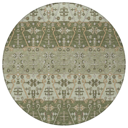 8' Olive Green And Green Round Oriental Washable Indoor Outdoor Area Rug
