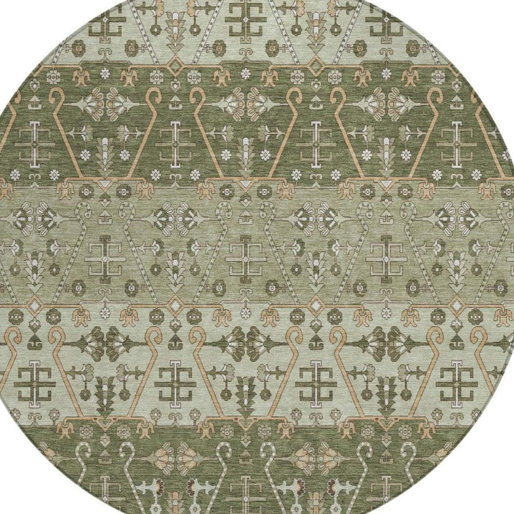 8' Olive Green And Green Round Oriental Washable Indoor Outdoor Area Rug — view 9