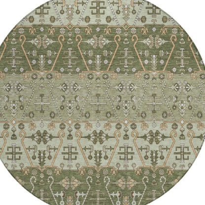8' Olive Green And Green Round Oriental Washable Indoor Outdoor Area Rug
